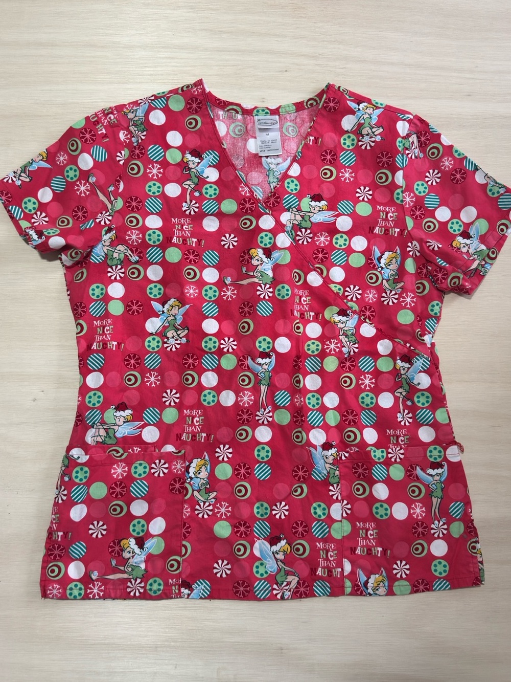 Disney Red Holiday Nurse Scrub Top with Green and White Accents